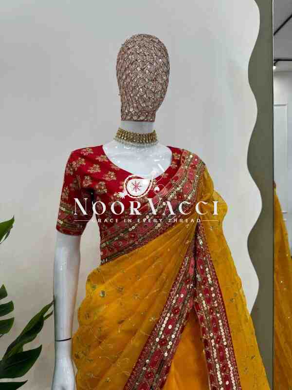 Designer Heavy Organza Silk Saree with Sequins and Thread Work - Image 3