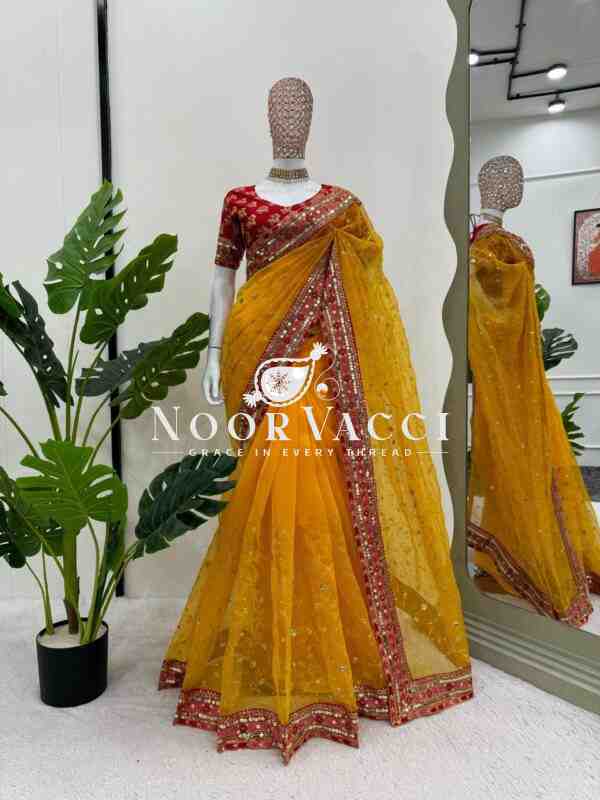 Designer Heavy Organza Silk Saree with Sequins and Thread Work