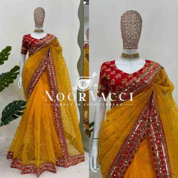 Designer Heavy Organza Silk Saree with Sequins and Thread Work - Image 2