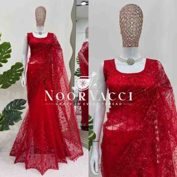 Soft Net Designer Saree with Fancy Lace & Embroidered Blouse – Thread & Sequence Work - Image 2