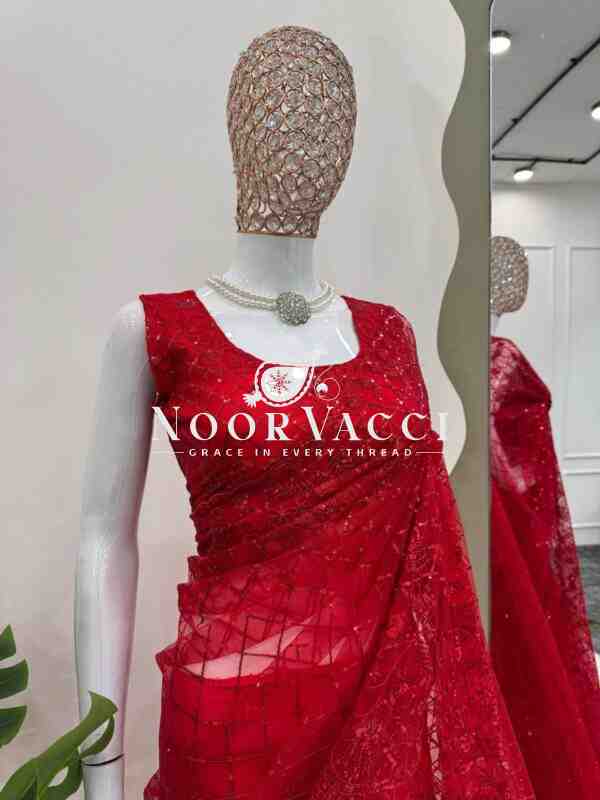 Soft Net Designer Saree with Fancy Lace & Embroidered Blouse – Thread & Sequence Work - Image 3