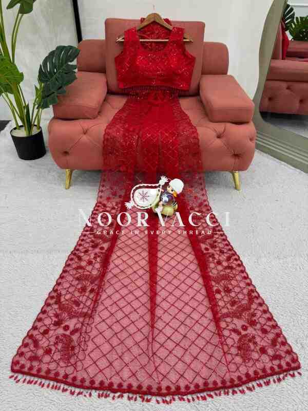 Soft Net Designer Saree with Fancy Lace & Embroidered Blouse – Thread & Sequence Work - Image 4