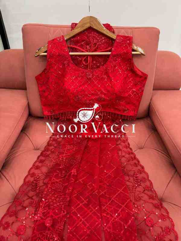 Soft Net Designer Saree with Fancy Lace & Embroidered Blouse – Thread & Sequence Work - Image 5