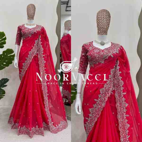 Heavy Tibby Silk Designer Saree with Embroidered Mono Banglori Blouse – Thread & Sequence Work - Image 3