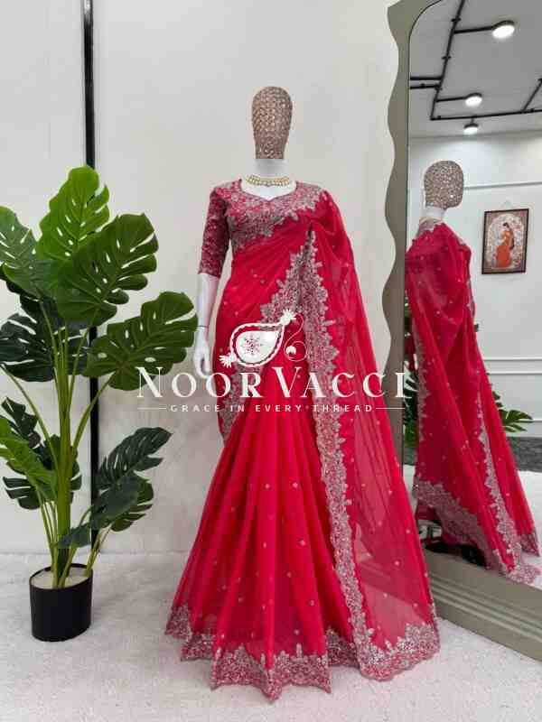 Heavy Tibby Silk Designer Saree with Embroidered Mono Banglori Blouse – Thread & Sequence Work