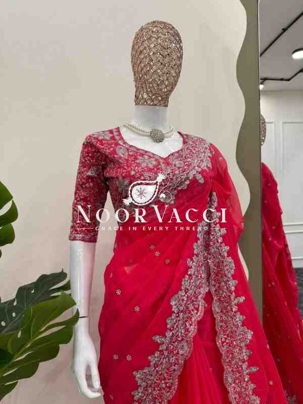 Heavy Tibby Silk Designer Saree with Embroidered Mono Banglori Blouse – Thread & Sequence Work - Image 2
