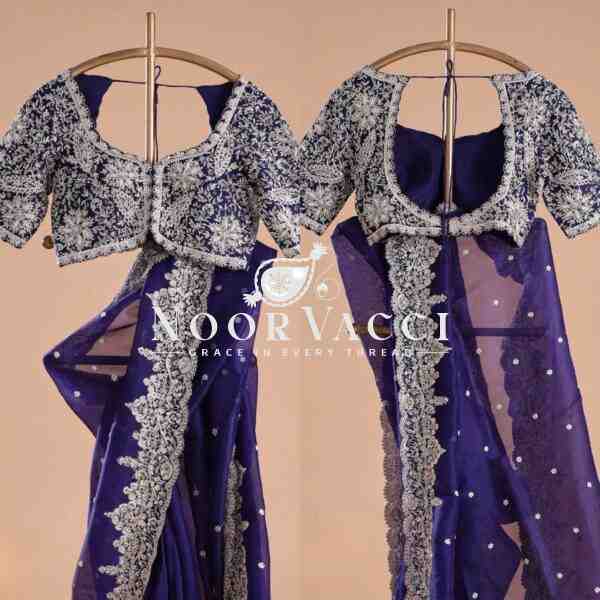 Heavy Tibby Silk Designer Saree with Embroidered Mono Banglori Blouse – Thread & Sequence Work - Image 6