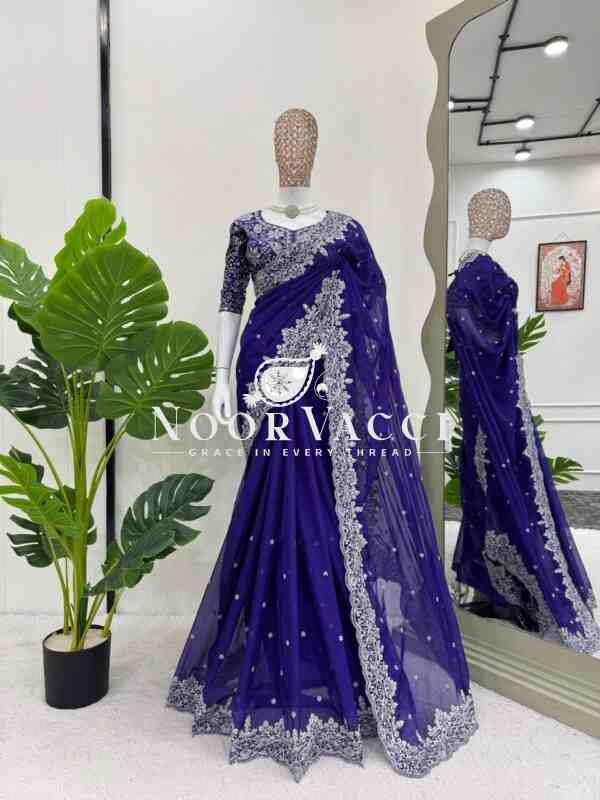 Heavy Tibby Silk Designer Saree with Embroidered Mono Banglori Blouse – Thread & Sequence Work