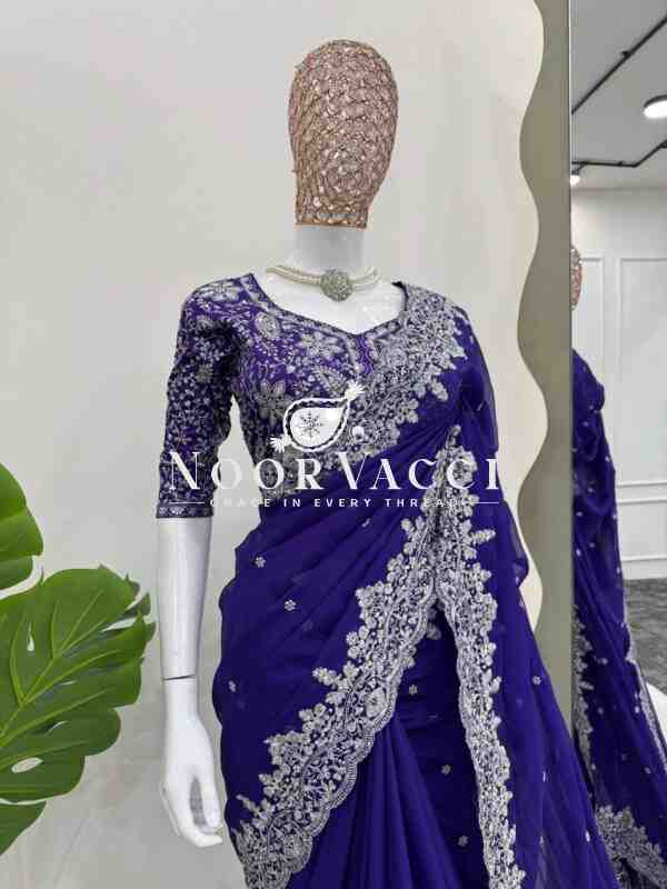 Heavy Tibby Silk Designer Saree with Embroidered Mono Banglori Blouse – Thread & Sequence Work - Image 3