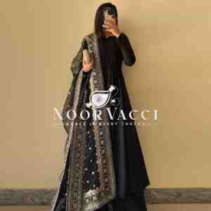 Designer Chinon Silk Suit with Plain Palazzo and Sequined Soft Net Dupatta