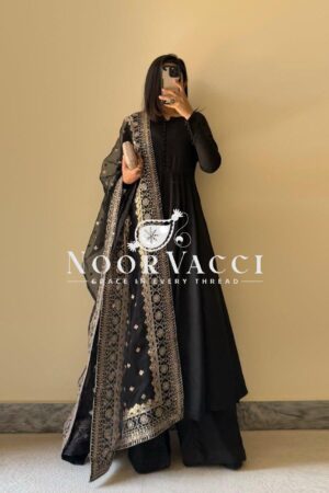 Shop Designer Chinon Silk Suit with Plain Palazzo and Sequined Soft Net Dupatta