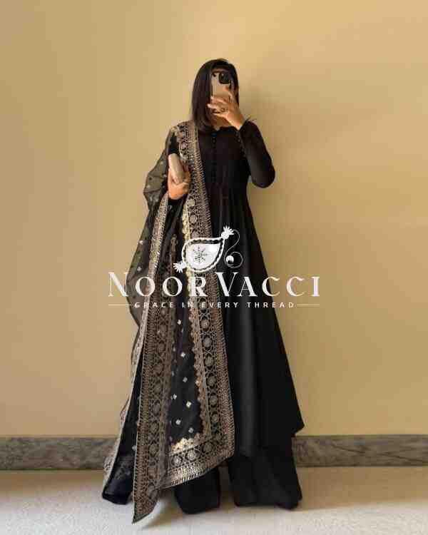 Designer Chinon Silk Suit with Plain Palazzo and Sequined Soft Net Dupatta