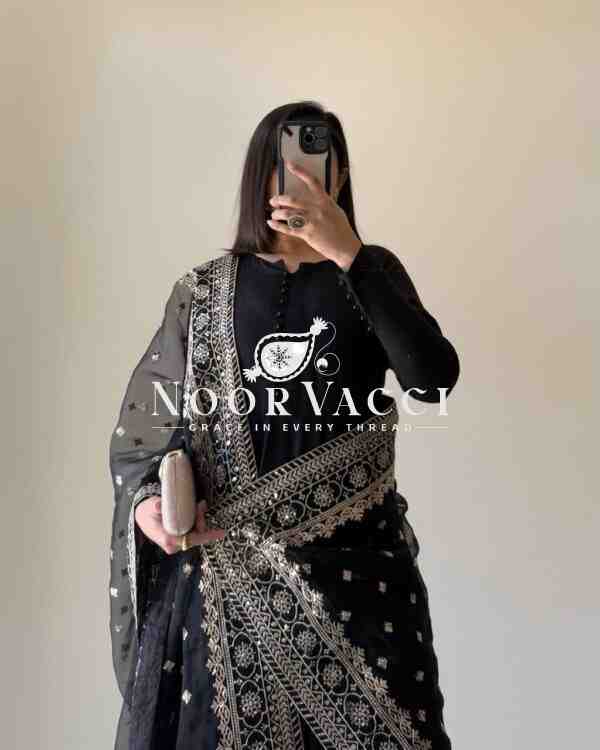 Designer Chinon Silk Suit with Plain Palazzo and Sequined Soft Net Dupatta - Image 3