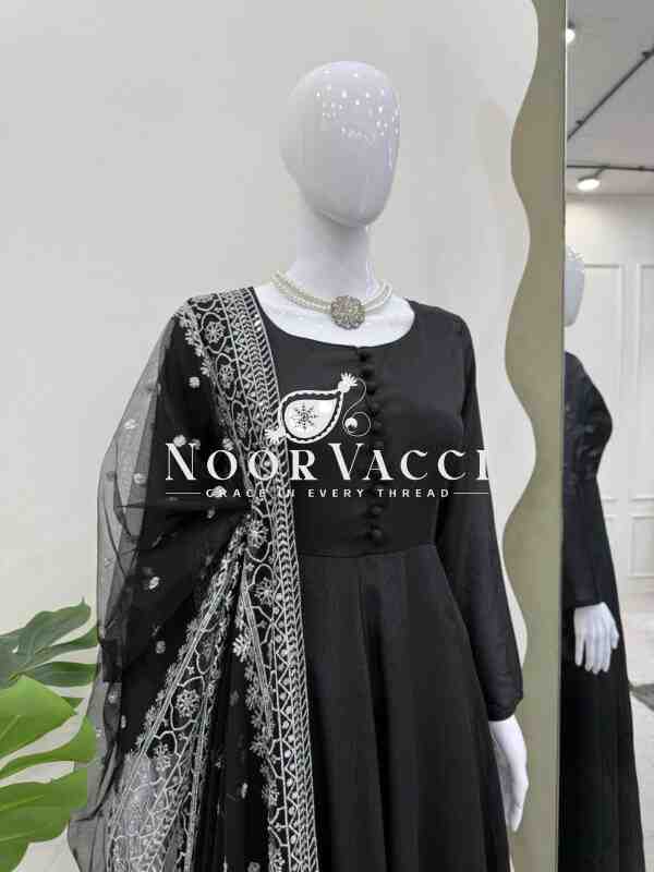 Designer Chinon Silk Suit with Plain Palazzo and Sequined Soft Net Dupatta - Image 4