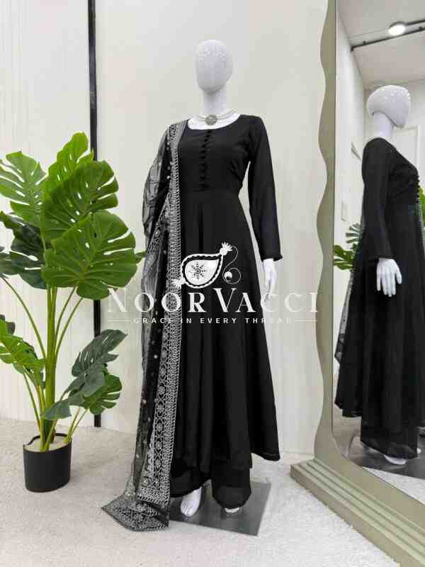 Designer Chinon Silk Suit with Plain Palazzo and Sequined Soft Net Dupatta - Image 5
