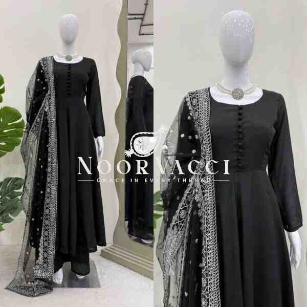 Designer Chinon Silk Suit with Plain Palazzo and Sequined Soft Net Dupatta - Image 2