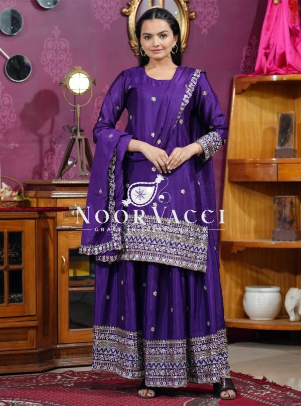 Shop Chinon Sharara Suit with Sequin Embroidery & Dupatta – Elegant Festive Wear - Image 7