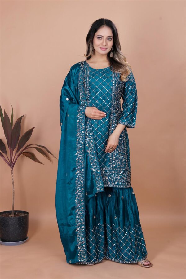 Chinon Embroidered Sharara Suit with Dupatta - Image 3