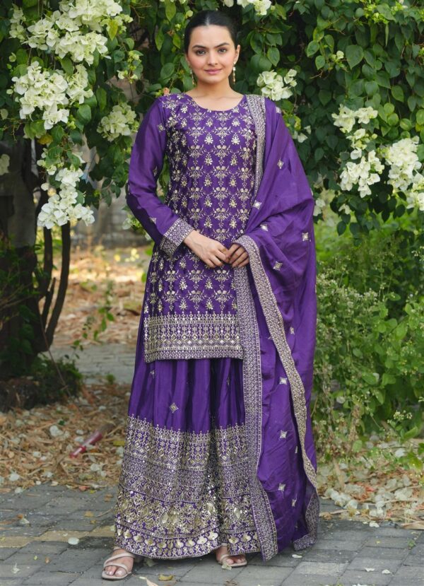 Shop Chinon Embroidered Sharara Suit with Heavy Sequin Work & Dupatta - Image 8