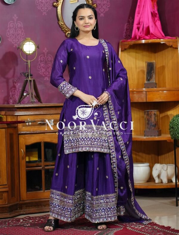Shop Chinon Sharara Suit with Sequin Embroidery & Dupatta – Elegant Festive Wear