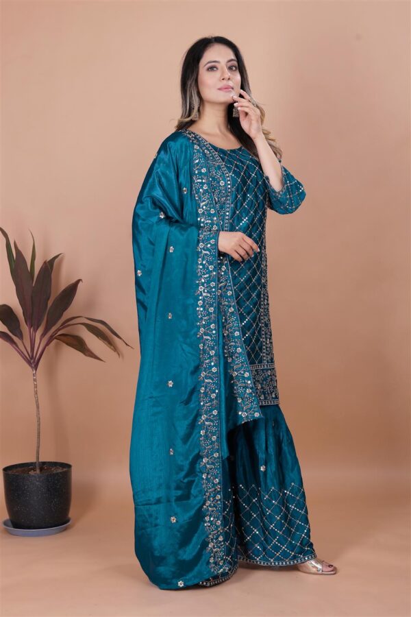 Chinon Embroidered Sharara Suit with Dupatta - Image 4