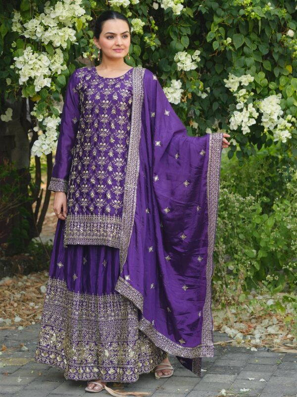 Shop Chinon Embroidered Sharara Suit with Heavy Sequin Work & Dupatta