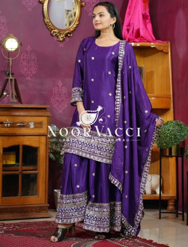 Shop Chinon Sharara Suit with Sequin Embroidery & Dupatta – Elegant Festive Wear - Image 5