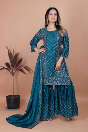 Chinon Embroidered Sharara Suit with Dupatta