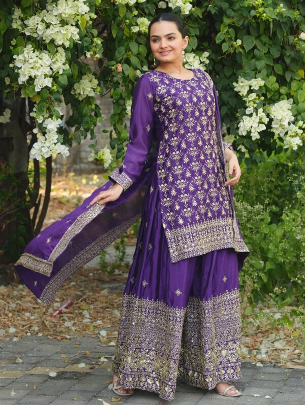 Shop Chinon Embroidered Sharara Suit with Heavy Sequin Work & Dupatta - Image 2