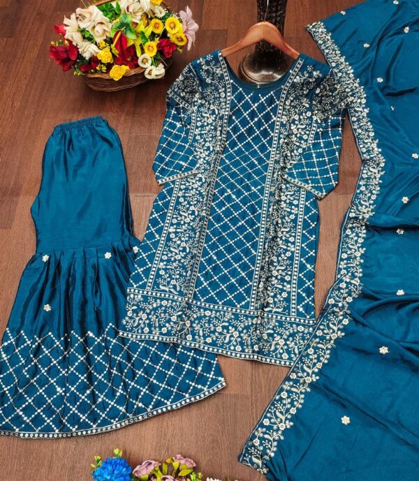 Chinon Embroidered Sharara Suit with Dupatta - Image 5