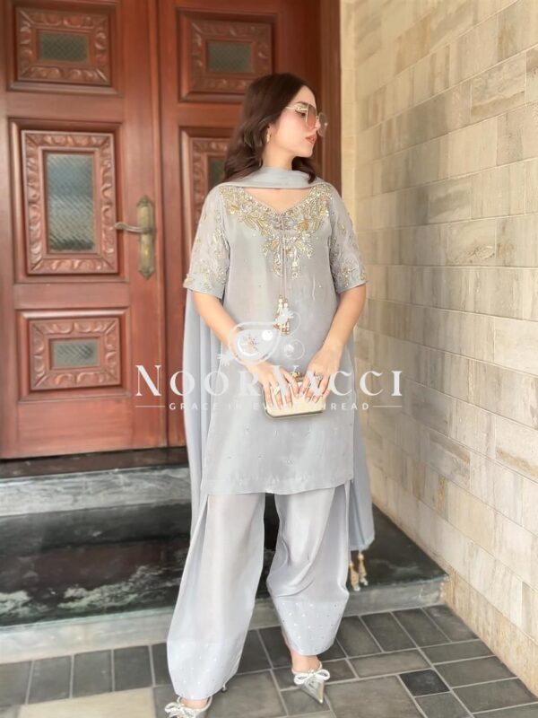 Buy Natural Crepe Embroidered Top & Farshi Plazzo Set with Beads Work & Dupatta - Image 4