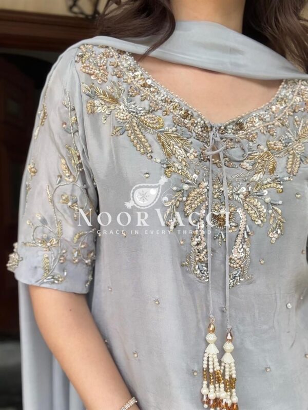 Buy Natural Crepe Embroidered Top & Farshi Plazzo Set with Beads Work & Dupatta - Image 6