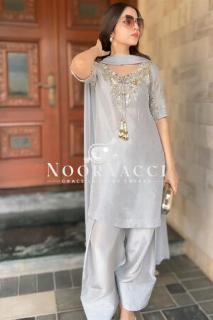 Buy Natural Crepe Embroidered Top & Farshi Plazzo Set with Beads Work & Dupatta