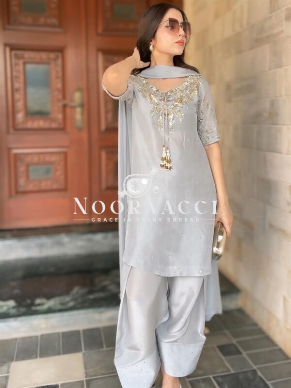 Buy Natural Crepe Embroidered Top & Farshi Plazzo Set with Beads Work & Dupatta