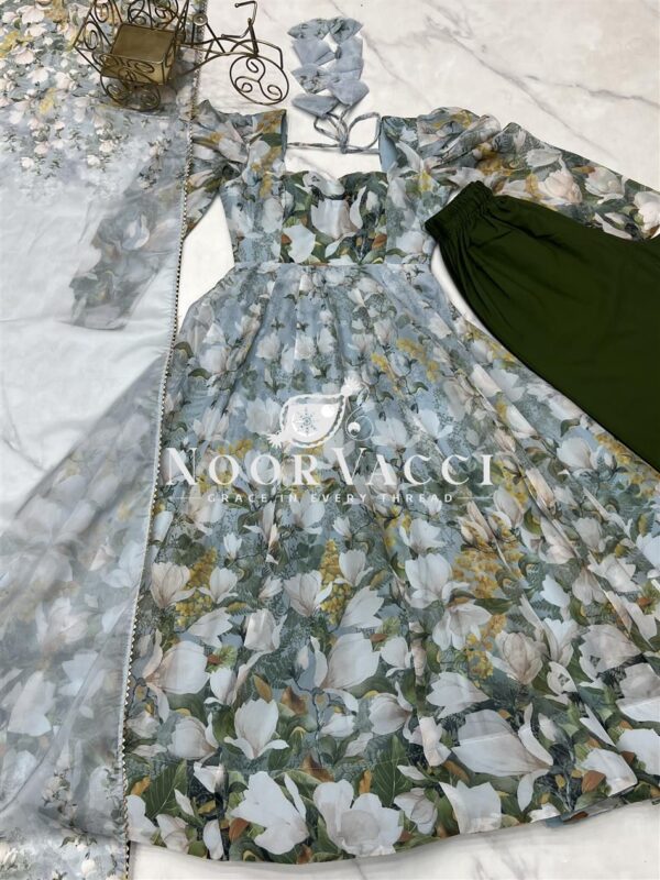 Buy Organza Silk Floral Anarkali Set with Dupatta & Pant - Image 10