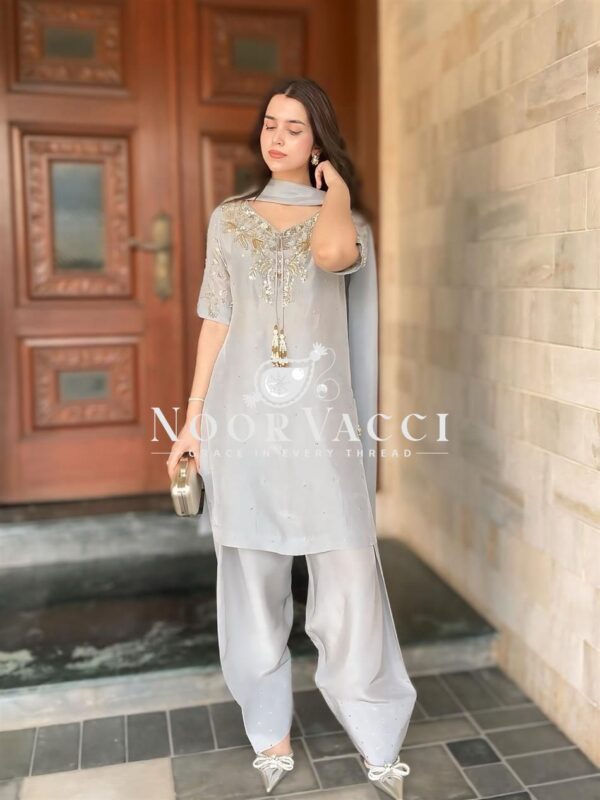 Buy Natural Crepe Embroidered Top & Farshi Plazzo Set with Beads Work & Dupatta - Image 2