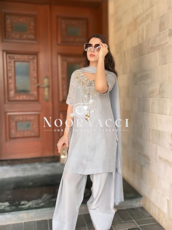 Buy Natural Crepe Embroidered Top & Farshi Plazzo Set with Beads Work & Dupatta - Image 3