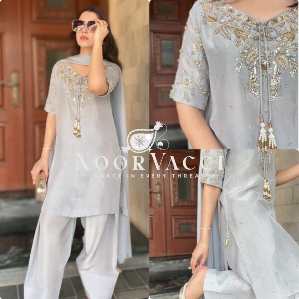 Buy Natural Crepe Embroidered Top & Farshi Plazzo Set with Beads Work & Dupatta - Image 9