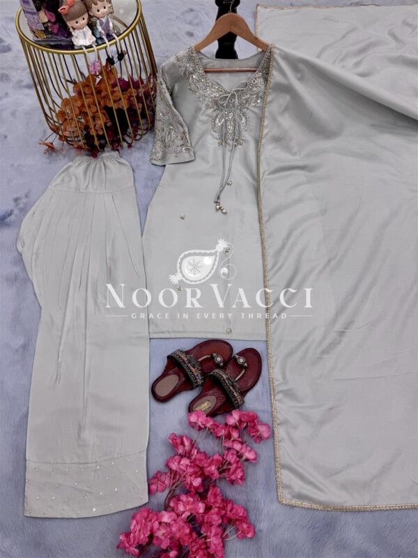 Buy Natural Crepe Embroidered Top & Farshi Plazzo Set with Beads Work & Dupatta - Image 5