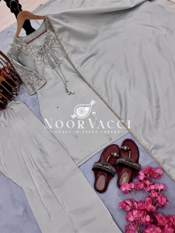 Buy Natural Crepe Embroidered Top & Farshi Plazzo Set with Beads Work & Dupatta - Image 7