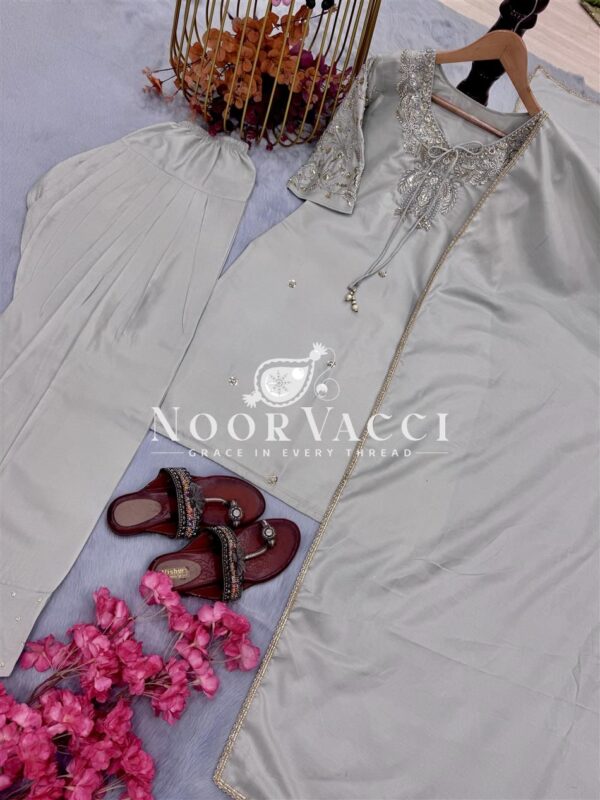 Buy Natural Crepe Embroidered Top & Farshi Plazzo Set with Beads Work & Dupatta - Image 8