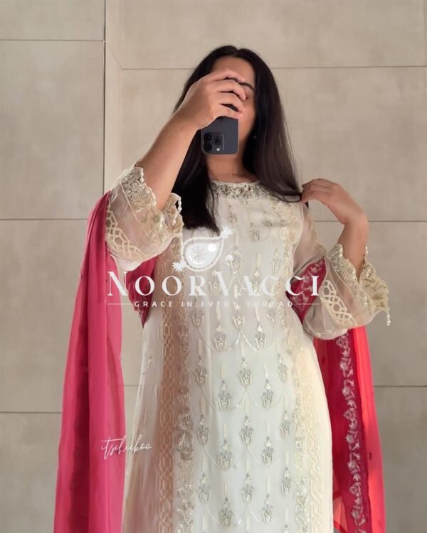 Buy Heavy Faux Georgette Embroidered Top with Plazzo and Dupatta Set - Image 6