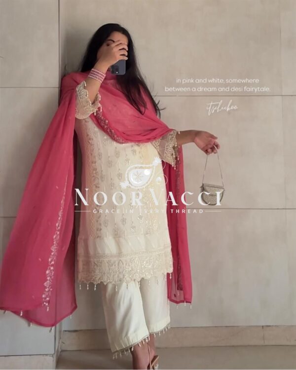 Buy Heavy Faux Georgette Embroidered Top with Plazzo and Dupatta Set - Image 5