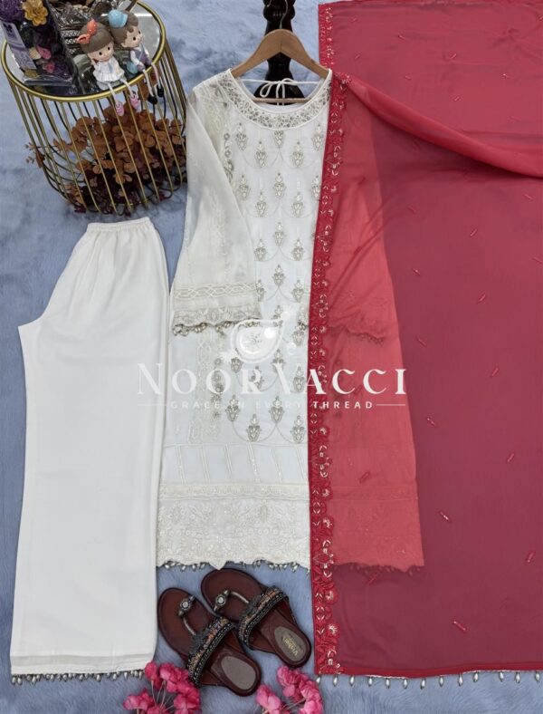 Buy Heavy Faux Georgette Embroidered Top with Plazzo and Dupatta Set - Image 9