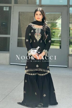 Buy Chinon Silk Embroidered Sharara Suit Set with Heavy Lace Dupatta – Ready to Wear