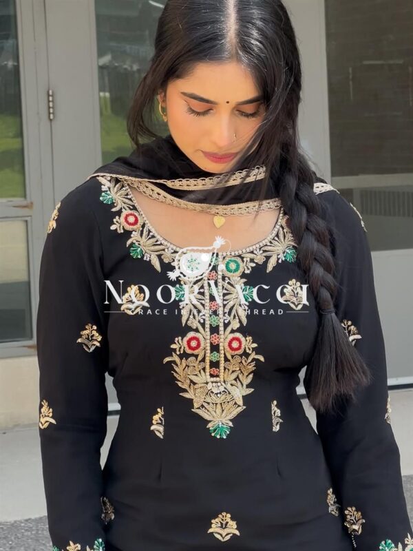 Buy Chinon Silk Embroidered Sharara Suit Set with Heavy Lace Dupatta – Ready to Wear - Image 4
