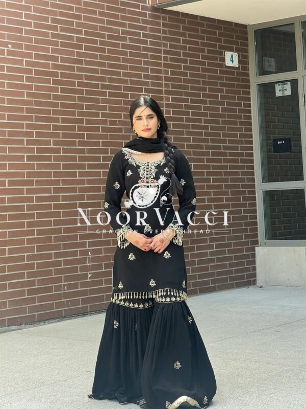 Buy Chinon Silk Embroidered Sharara Suit Set with Heavy Lace Dupatta – Ready to Wear - Image 6