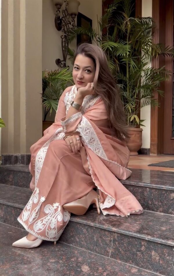 Buy Dull Satin Silk Embroidered Top with Palazzo and Dupatta Set - Image 2