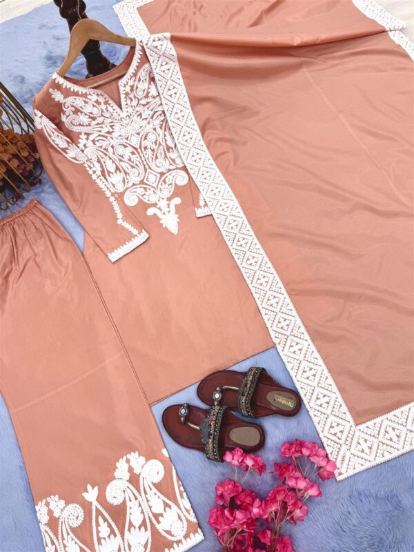 Buy Dull Satin Silk Embroidered Top with Palazzo and Dupatta Set - Image 10