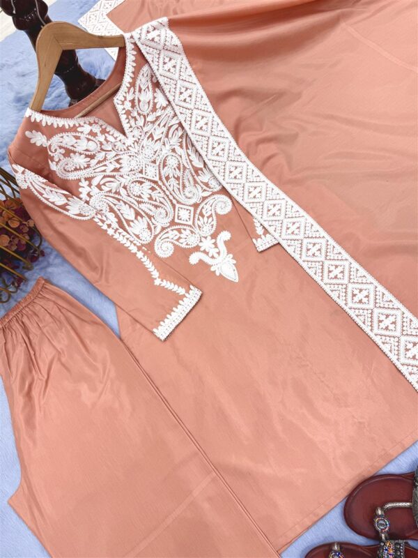 Buy Dull Satin Silk Embroidered Top with Palazzo and Dupatta Set - Image 8